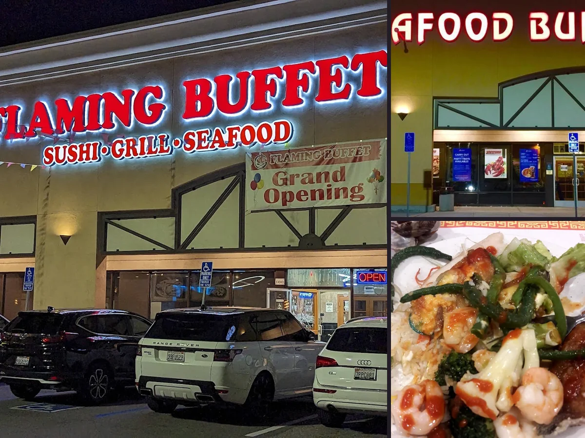 Buffet counters with trays of seafood and Asian dishes.