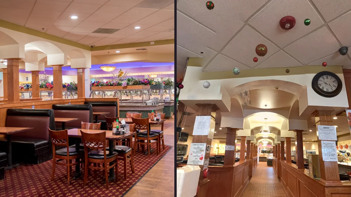 Self-service stations with sushi, salads, and hot dishes.
