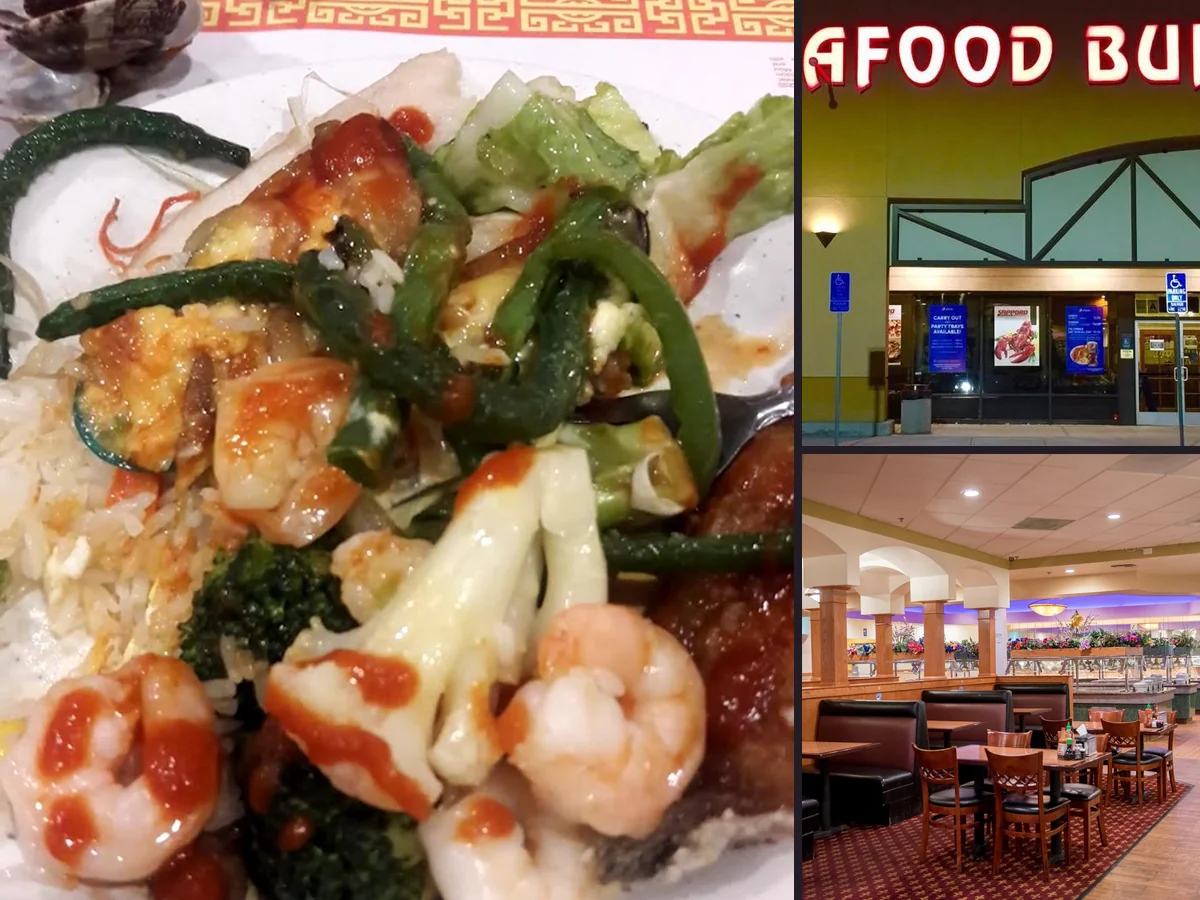 Buffet counters with trays of seafood and Asian dishes.